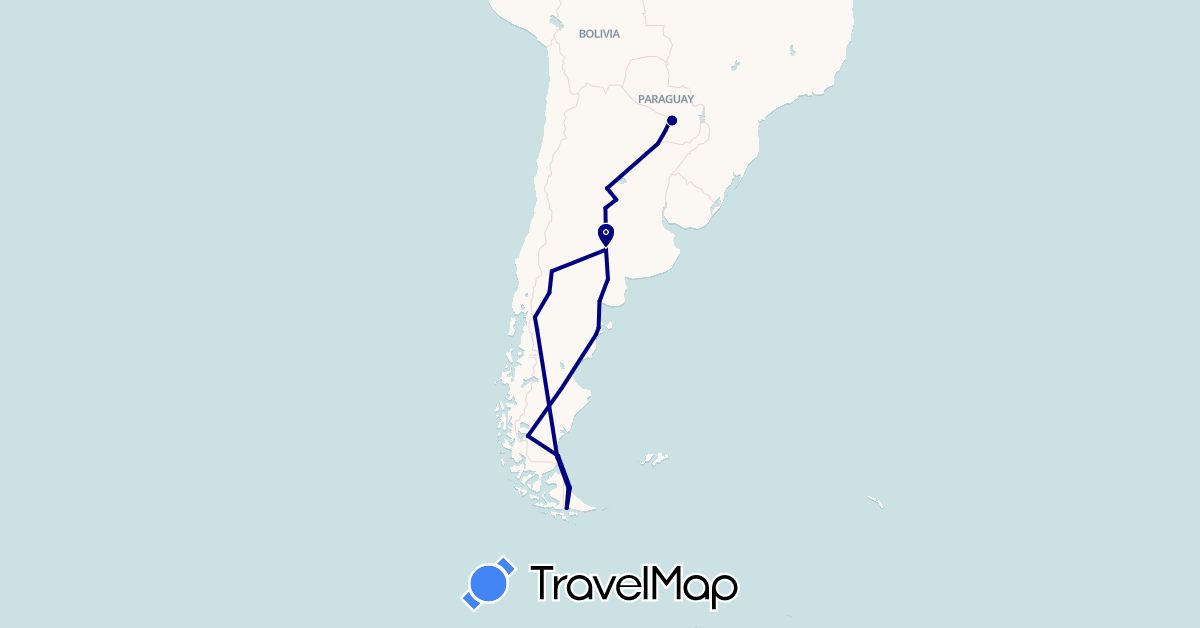 TravelMap itinerary: driving in Argentina, Paraguay (South America)
